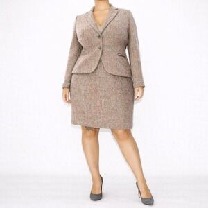 60s Vintage Tweed Leather Trim Skirt Suit Womens L 12 Doncaster Gray Mod Blazer